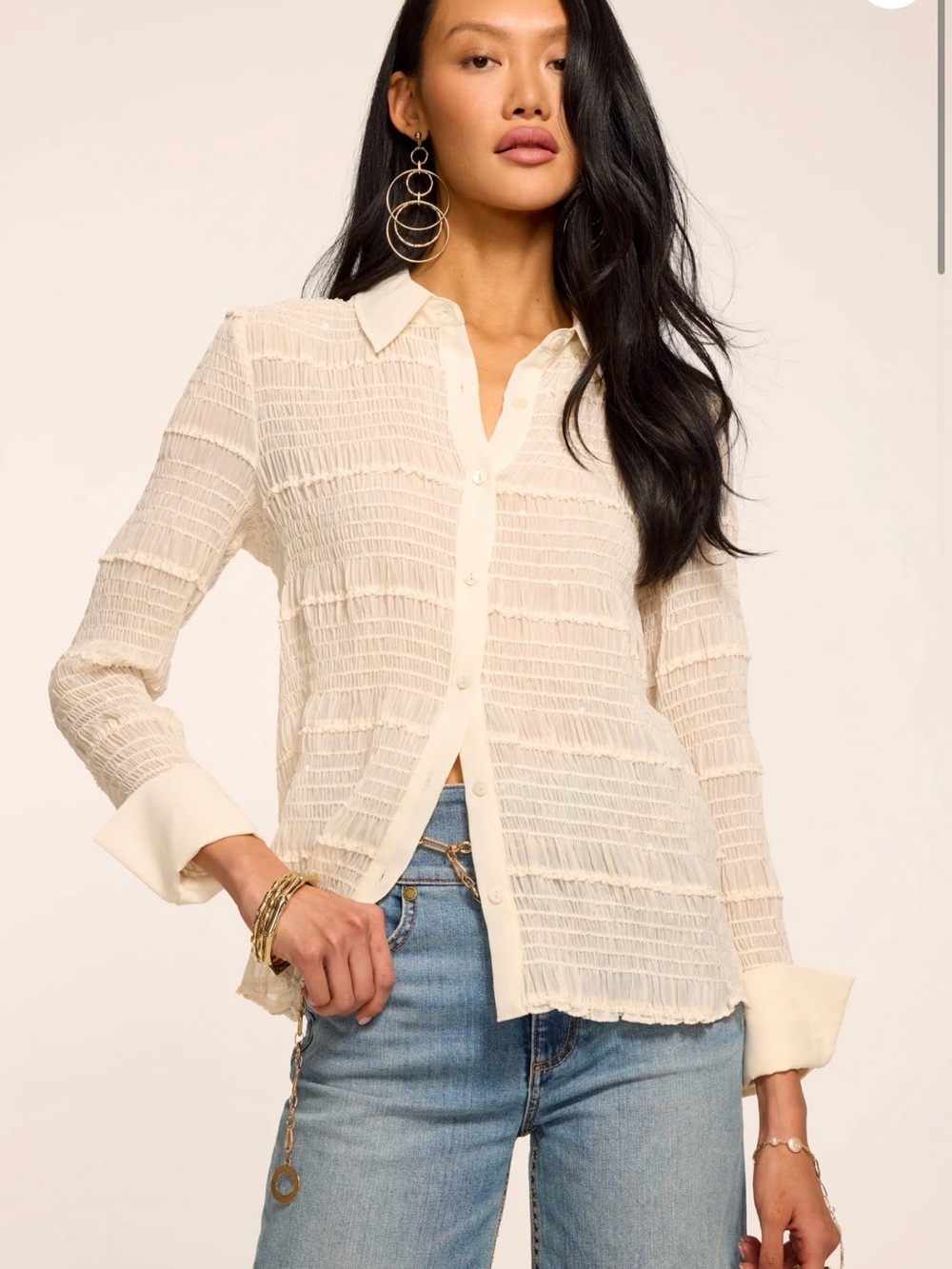 Ramy Brook Cream Sheer Textured Button-Down Blouse, Estelle Top